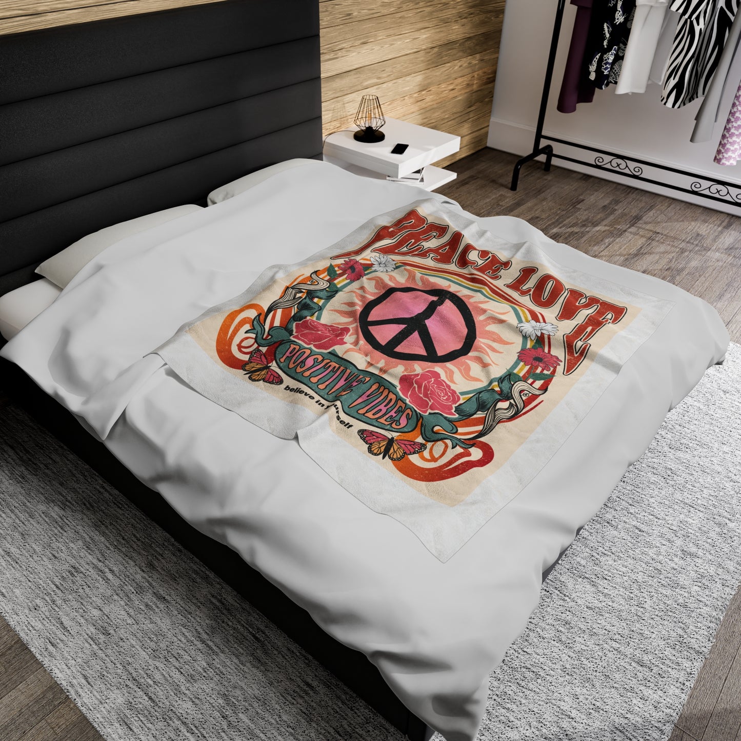 Peace Love Positive Vibes Velveteen Plush Blanket