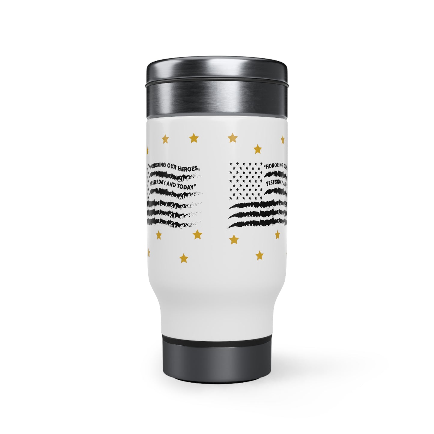 Stainless Steel Memorial Day American Flag in Black with Gold Stars Travel Mug with Handle, 14oz