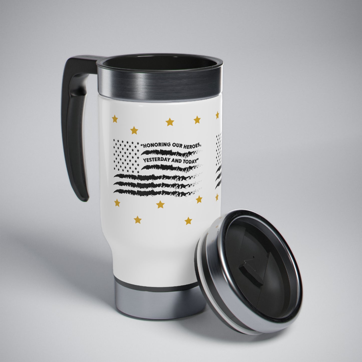 Stainless Steel Memorial Day American Flag in Black with Gold Stars Travel Mug with Handle, 14oz