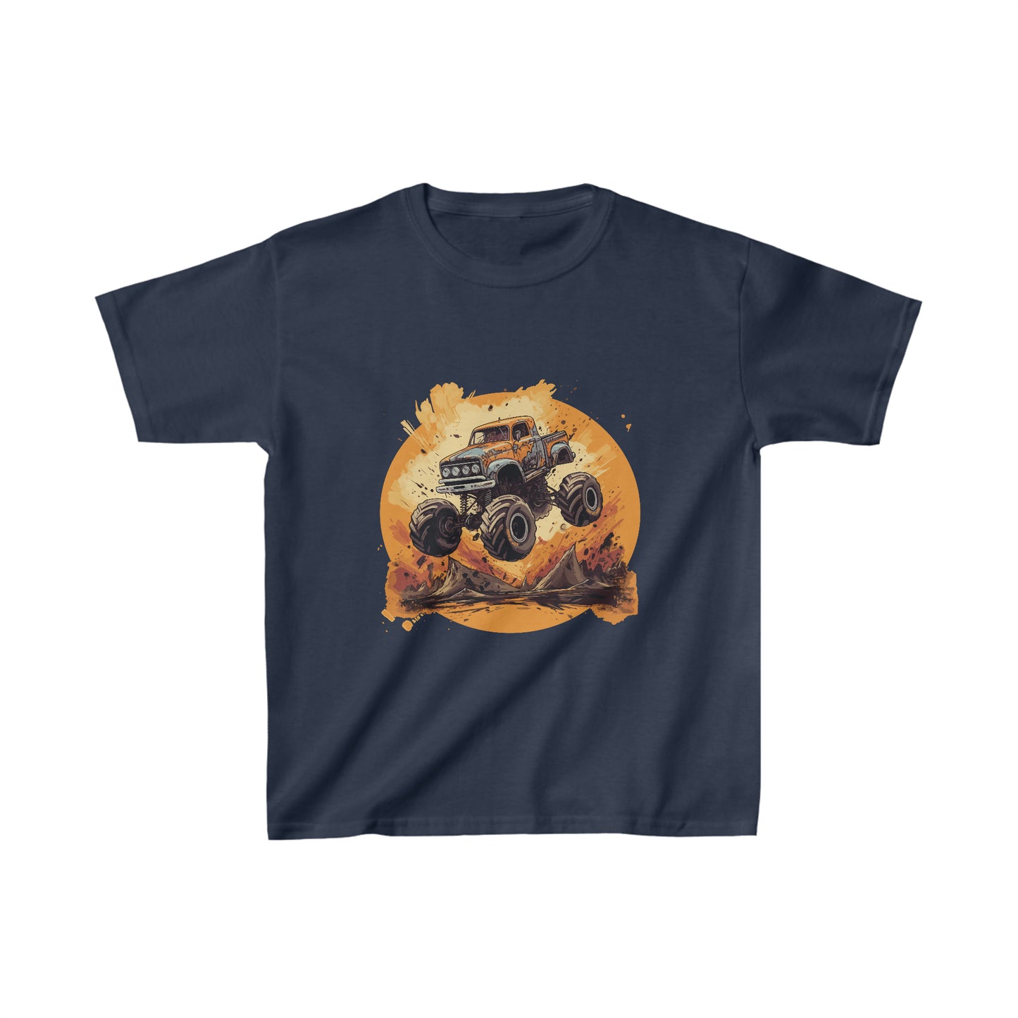 Orange Monster Truck Jumping Kids Heavy Cotton™ Tee