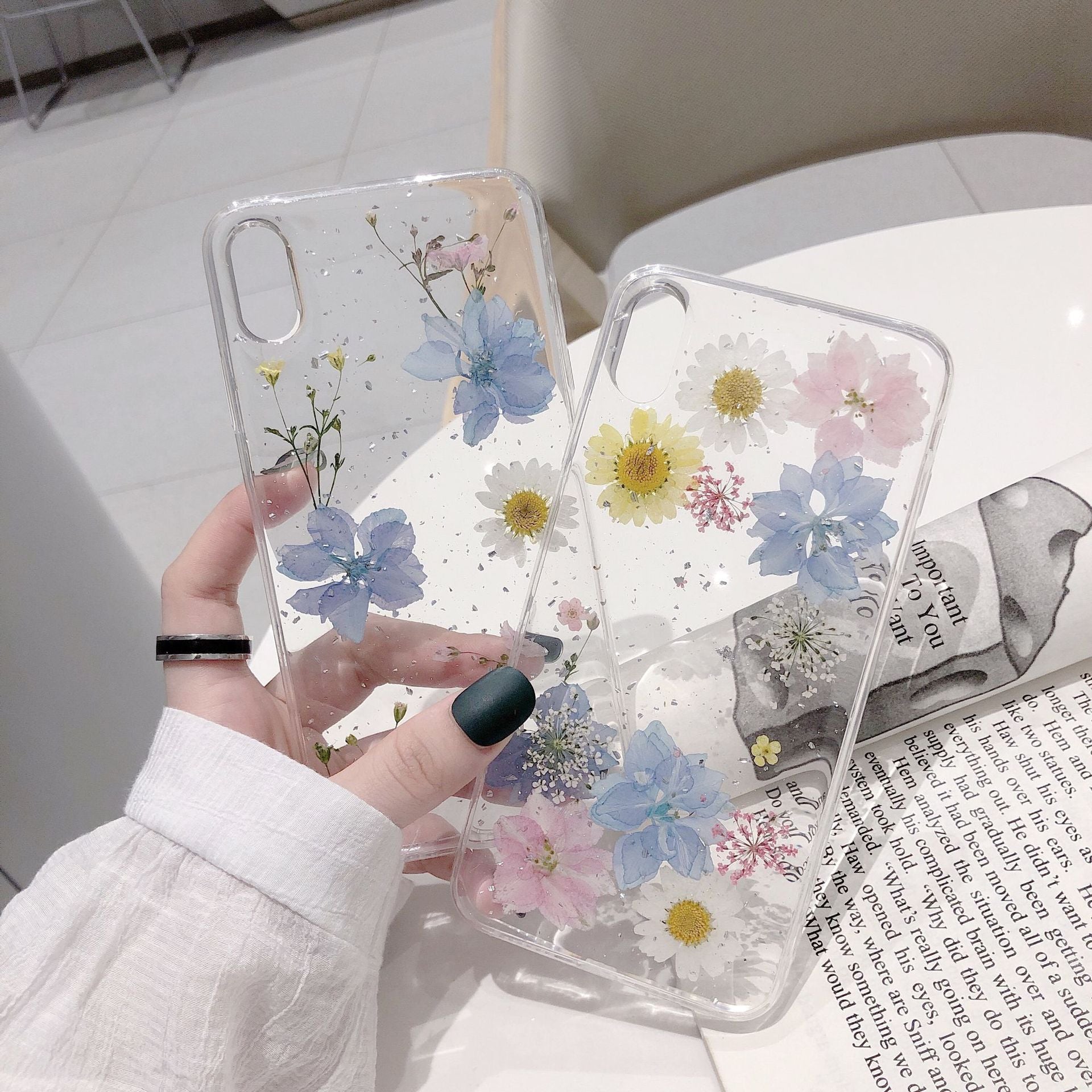 Fashion Glitter Real Dry Pressed Flower Phone Case Transparent Silicone Cover