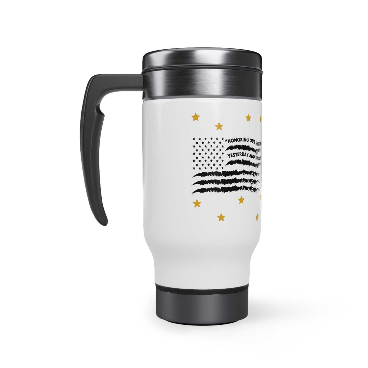 Stainless Steel Memorial Day American Flag in Black with Gold Stars Travel Mug with Handle, 14oz