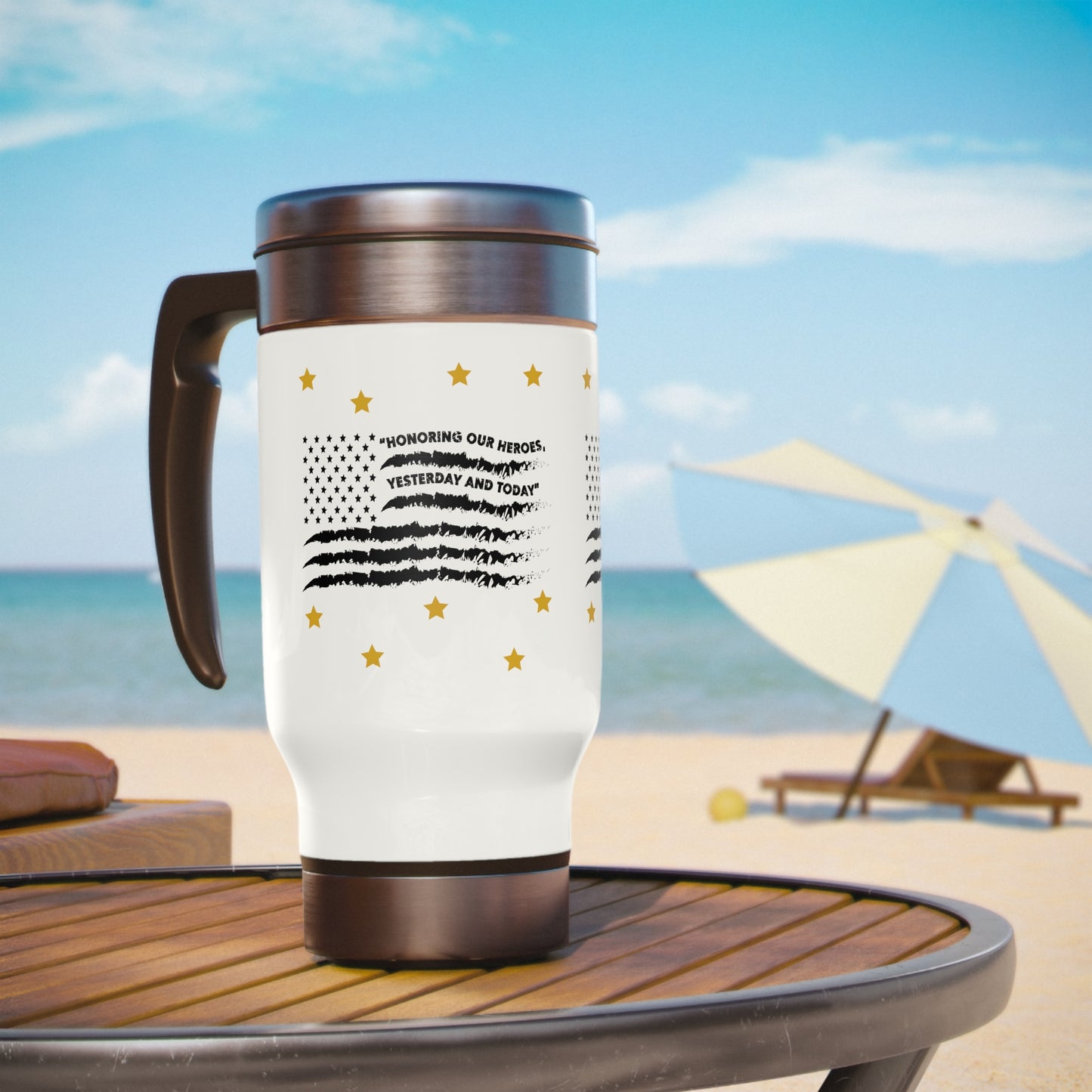 Stainless Steel Memorial Day American Flag in Black with Gold Stars Travel Mug with Handle, 14oz