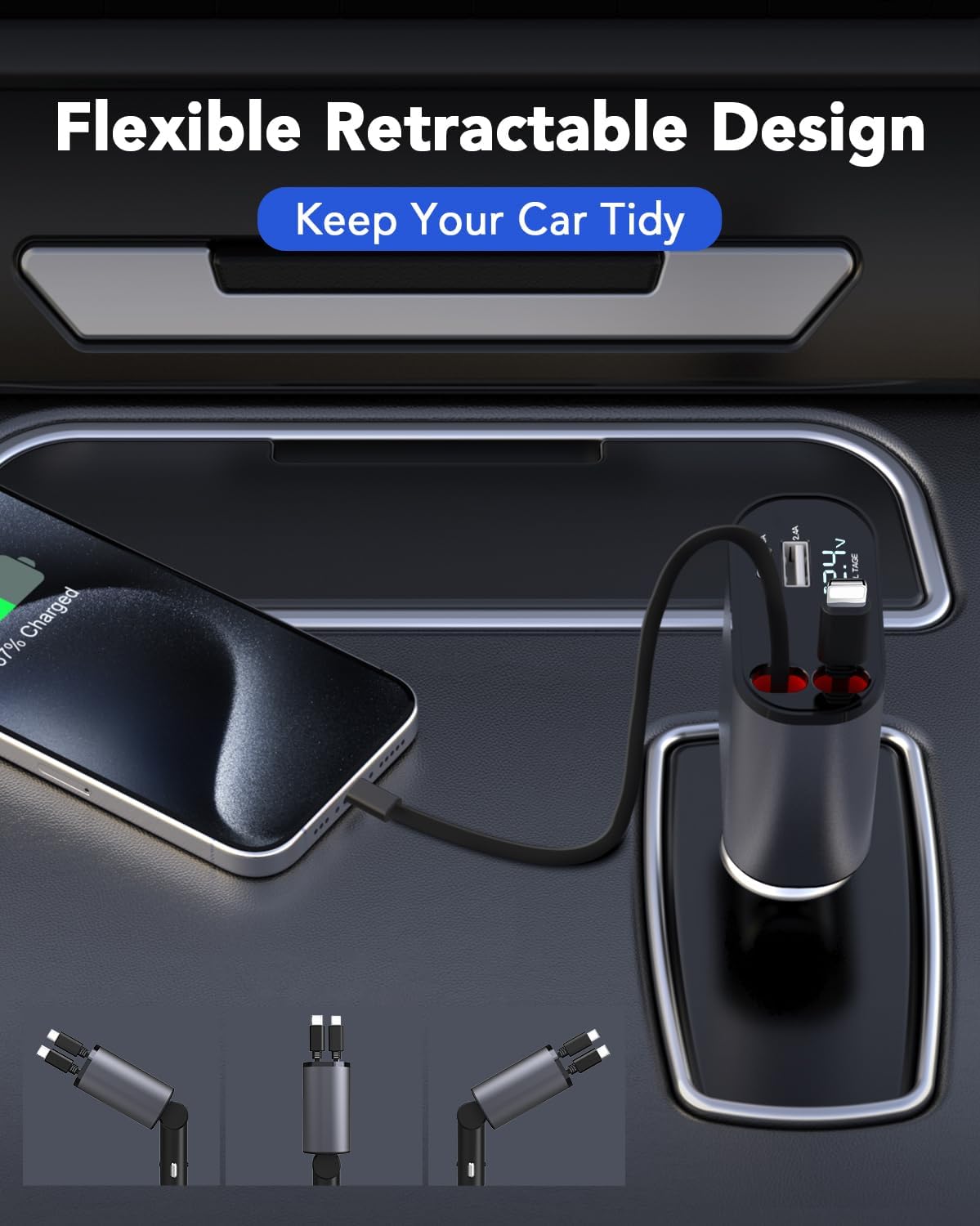 Retractable Car Charger, 4 in 1 Fast Car Phone Charger 66W, 2 Retractable Cables and USB Charging, Fathers Day for Gifts Dad Compatible with iPhone 14/13/12/11,USB Port for Galaxy S25/S24/S23,Pixel