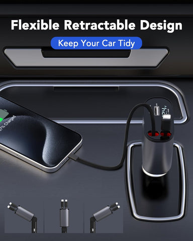 Retractable Car Charger, 4 in 1 Fast Car Phone Charger 66W, 2 Retractable Cables and USB Charging, Fathers Day for Gifts Dad Compatible with iPhone 14/13/12/11,USB Port for Galaxy S25/S24/S23,Pixel