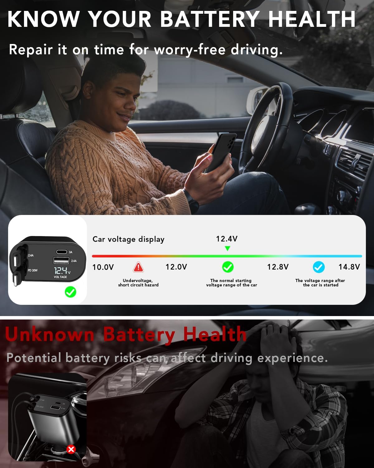 Retractable Car Charger, 4 in 1 Fast Car Phone Charger 66W, 2 Retractable Cables and USB Charging, Fathers Day for Gifts Dad Compatible with iPhone 14/13/12/11,USB Port for Galaxy S25/S24/S23,Pixel