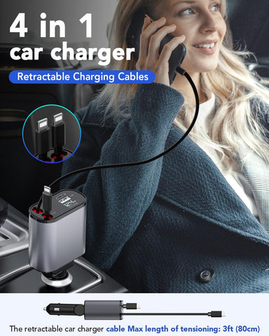 Retractable Car Charger, 4 in 1 Fast Car Phone Charger 66W, 2 Retractable Cables and USB Charging, Fathers Day for Gifts Dad Compatible with iPhone 14/13/12/11,USB Port for Galaxy S25/S24/S23,Pixel