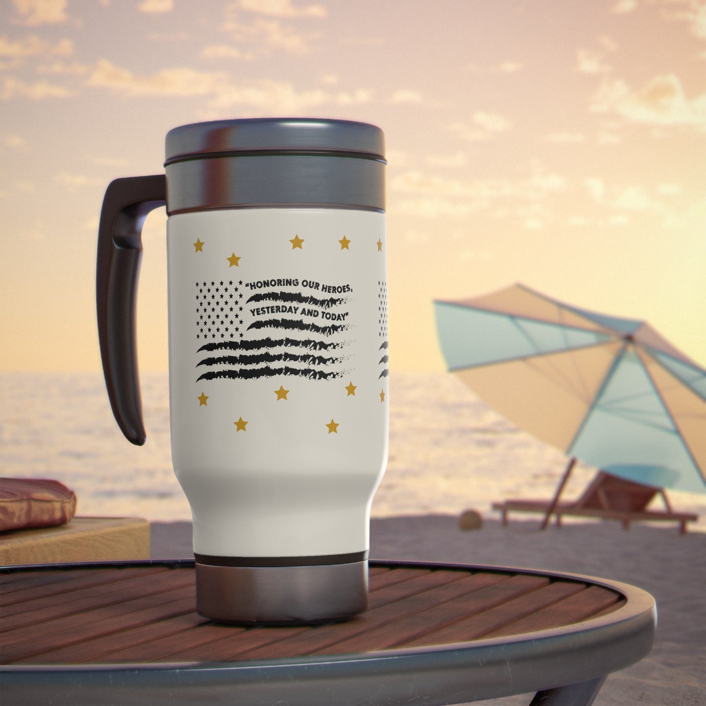 Stainless Steel Memorial Day American Flag in Black with Gold Stars Travel Mug with Handle, 14oz