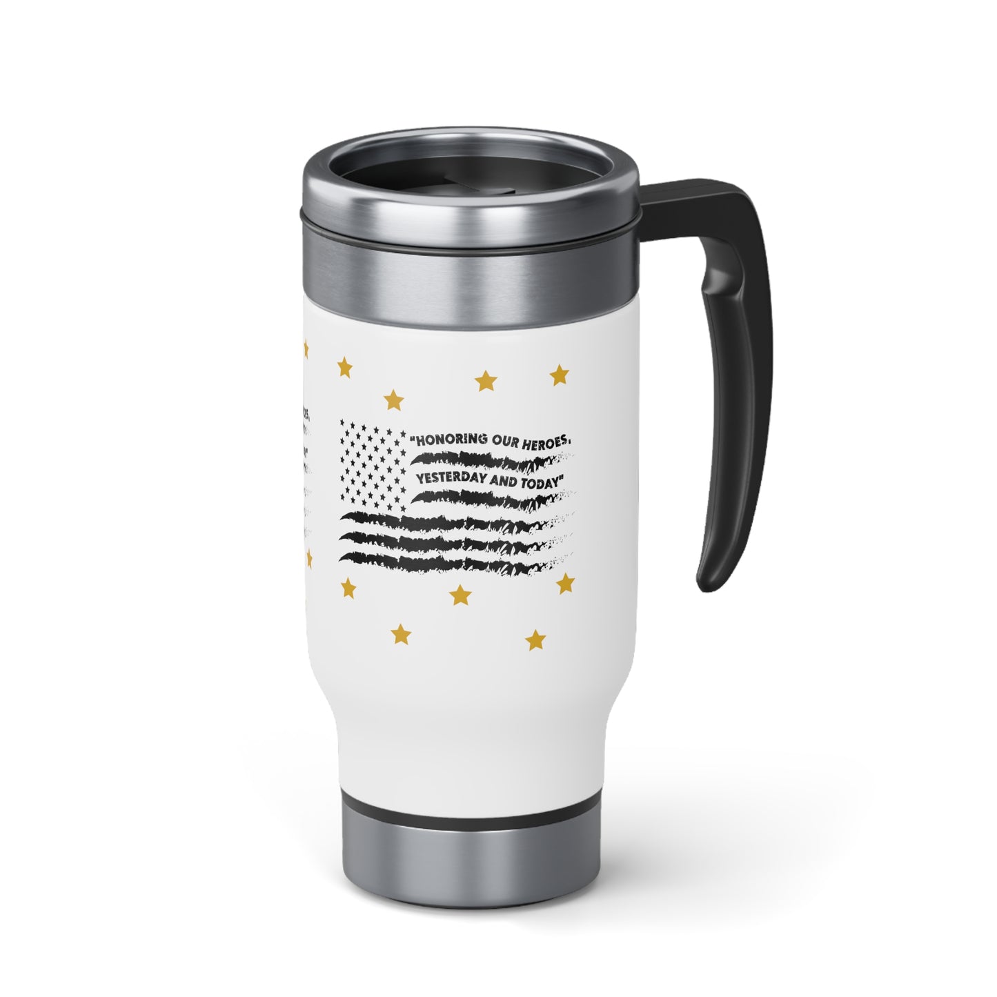 Stainless Steel Memorial Day American Flag in Black with Gold Stars Travel Mug with Handle, 14oz