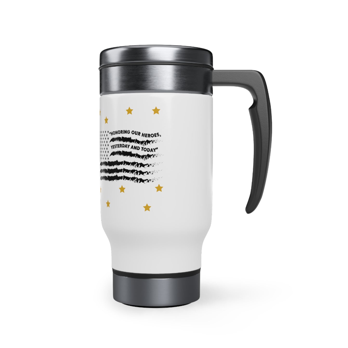 Stainless Steel Memorial Day American Flag in Black with Gold Stars Travel Mug with Handle, 14oz