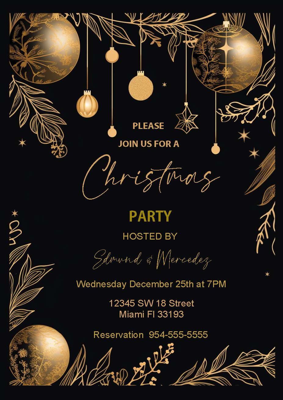 Golden Christmas Balls with Black Background Christmas Invitation Card