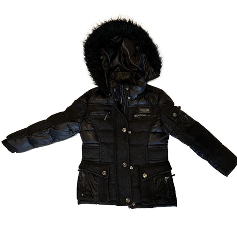 (Preowner) Coogi Puffer Parka Hybrid Coat Jacket Girls Size 4T Black With Removable Hood
