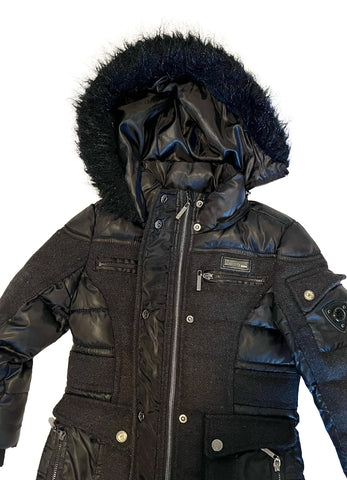 (Preowner) Coogi Puffer Parka Hybrid Coat Jacket Girls Size 4T Black With Removable Hood