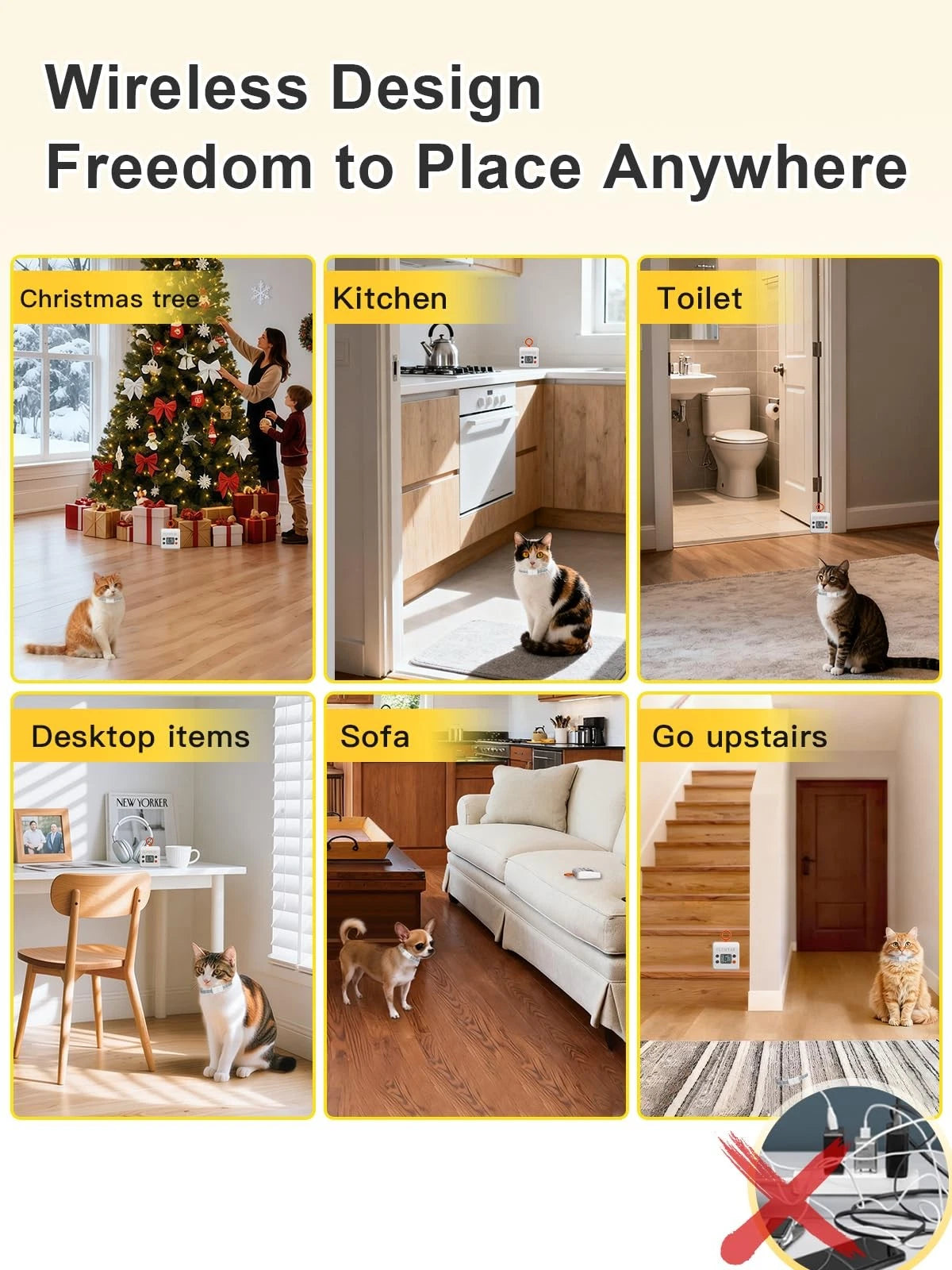 Wireless Cat Barrier - Rechargeable Indoor Barrier with 6 Adjustable Range Ra...