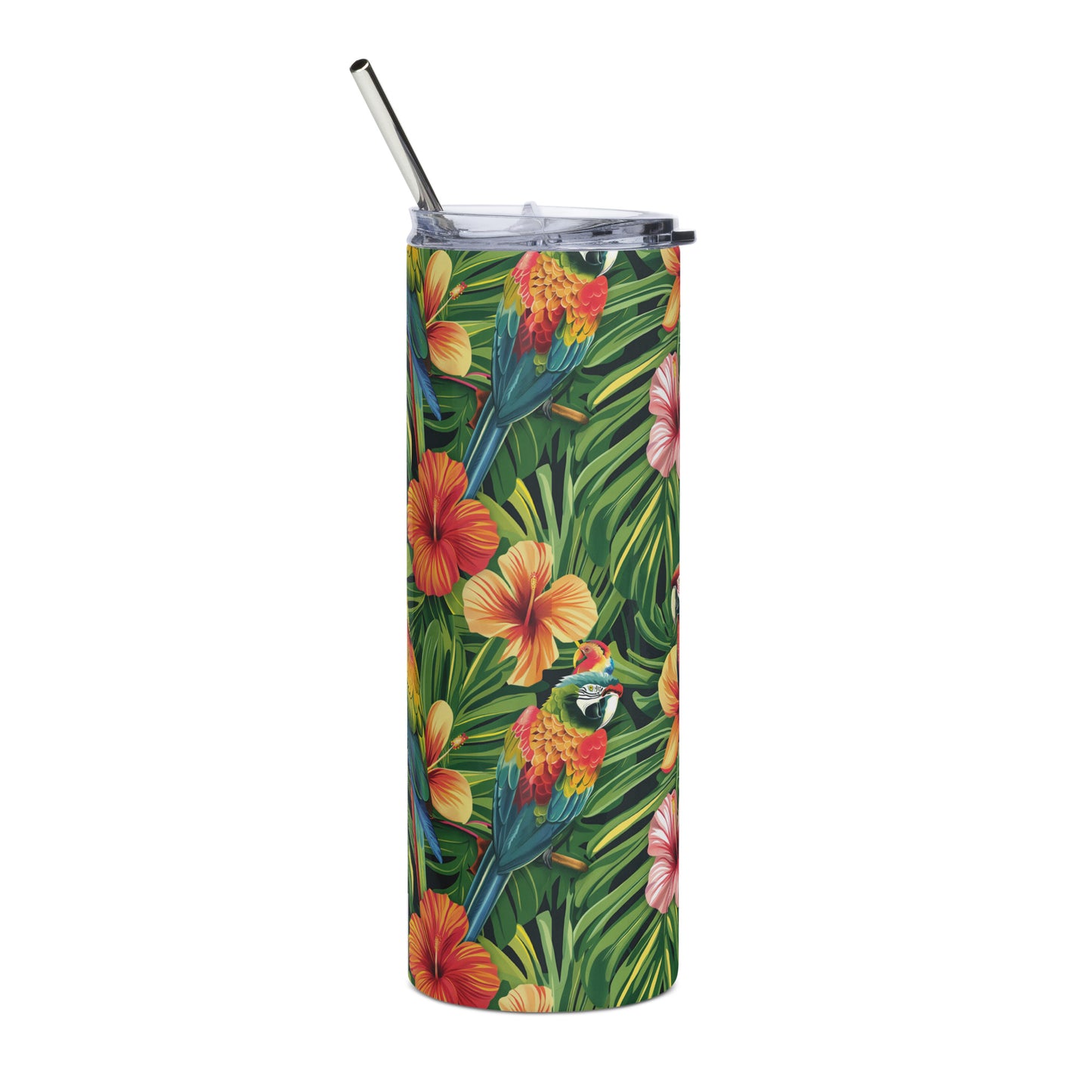 Vibrant tropical with palm leaves, hibiscus flowers, and colorful parrots, Stainless steel tumbler