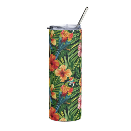 Vibrant tropical with palm leaves, hibiscus flowers, and colorful parrots, Stainless steel tumbler