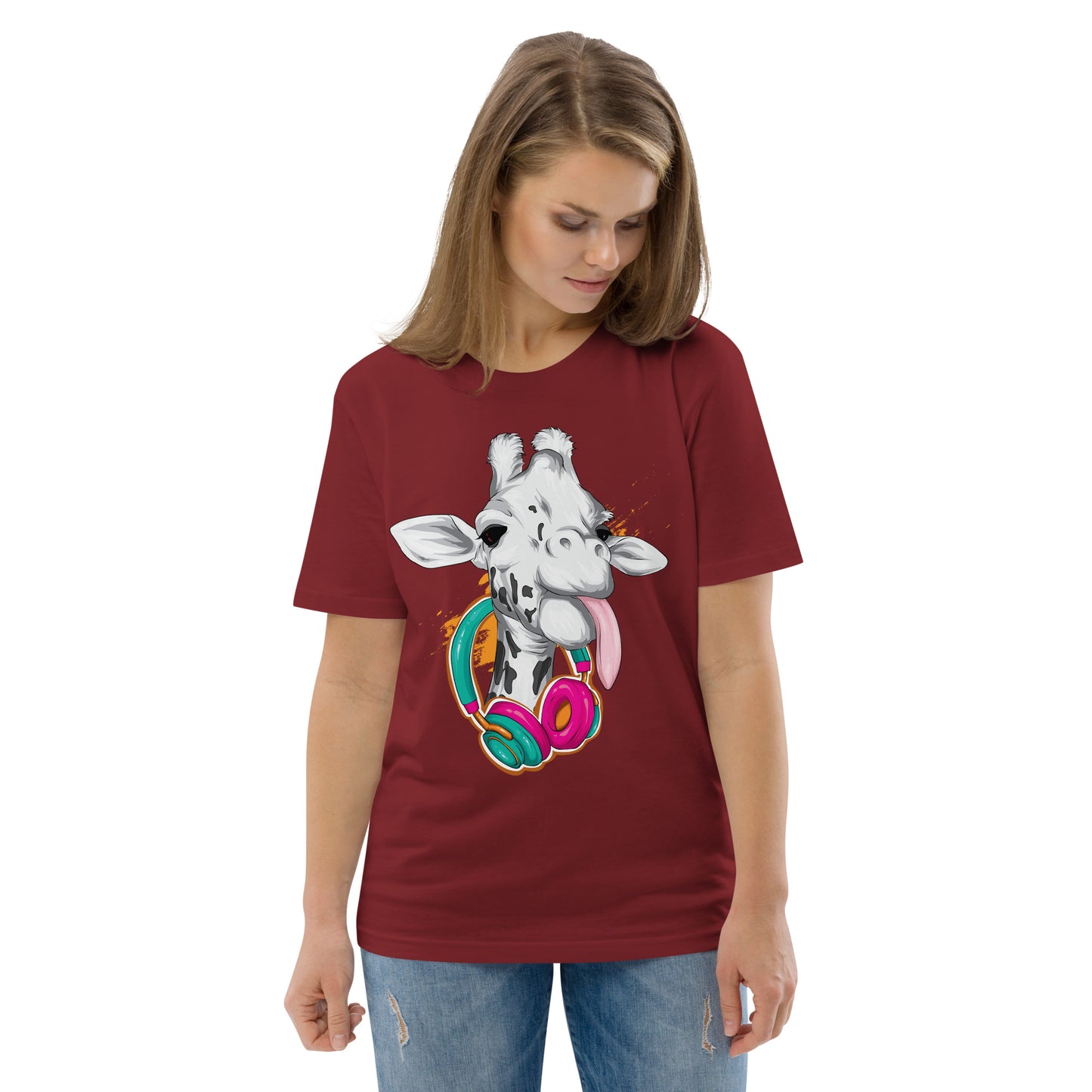 Giraffe with Headphones Unisex organic cotton t-shirt