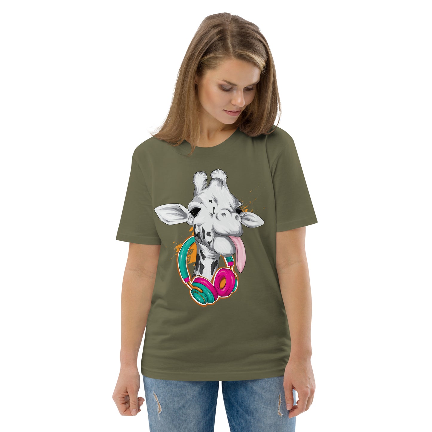 Giraffe with Headphones Unisex organic cotton t-shirt