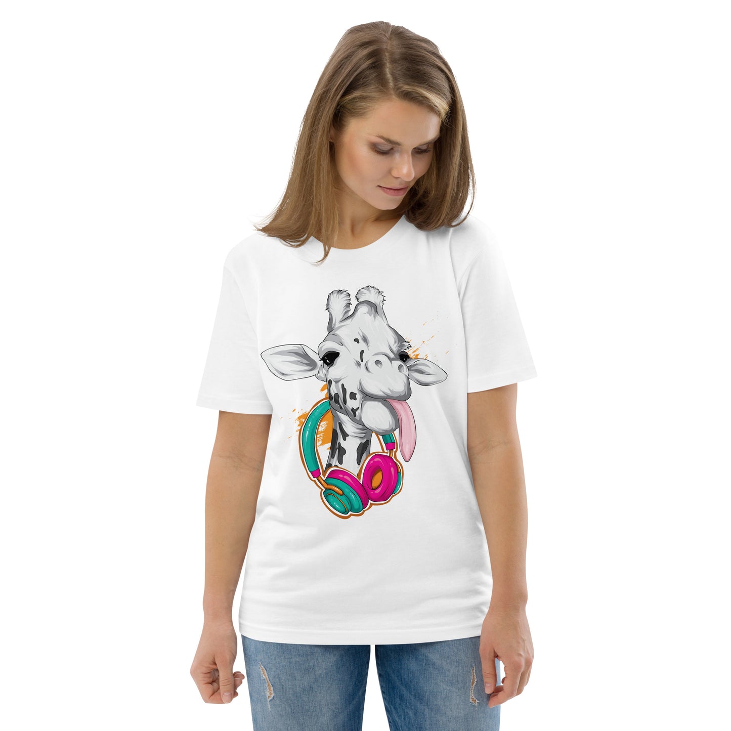 Giraffe with Headphones Unisex organic cotton t-shirt