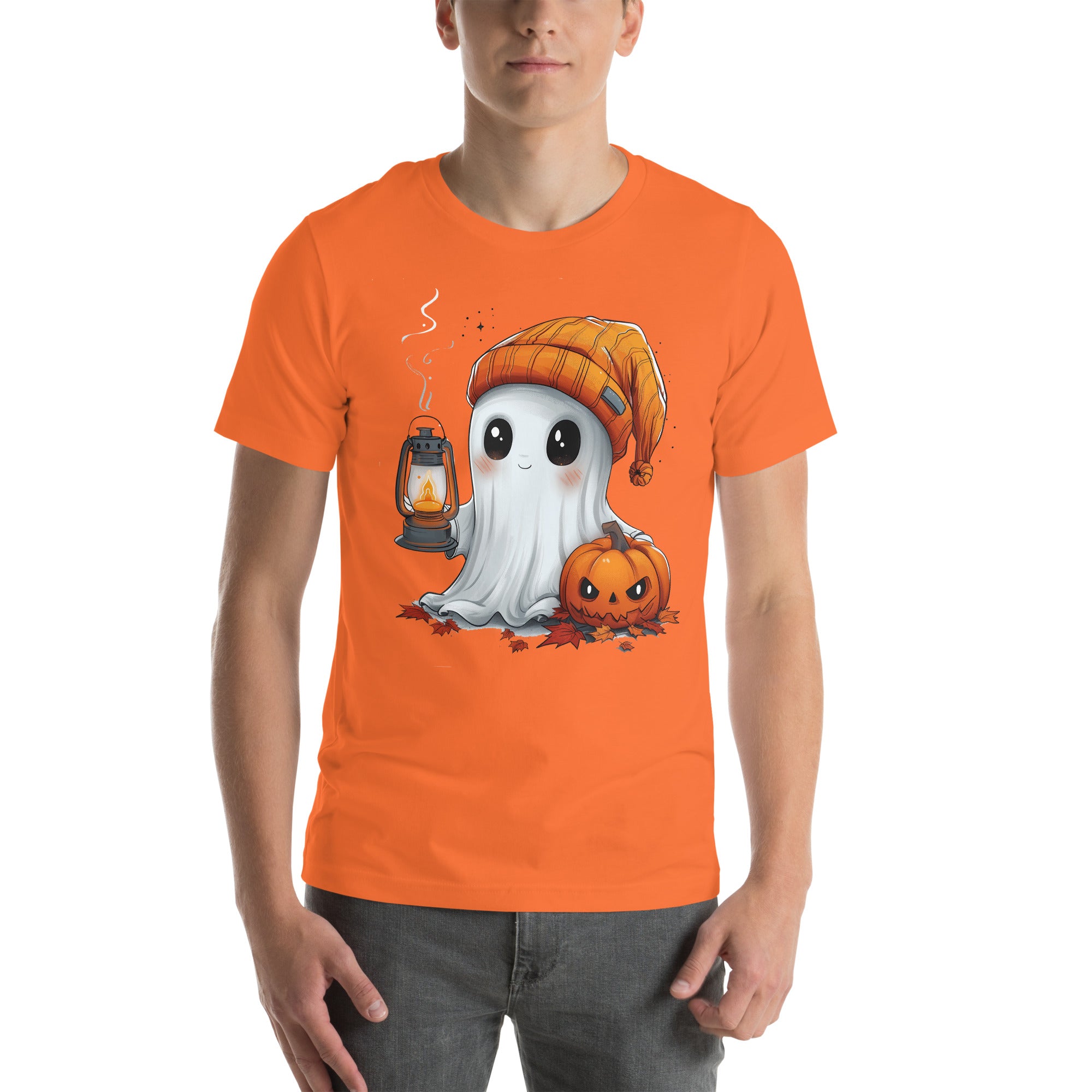 Cute Ghost and Pumpkin holding a lantern Unisex t-shirt
