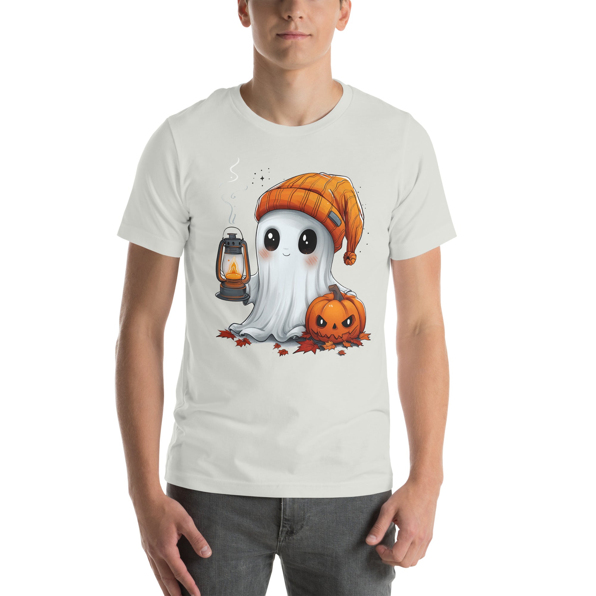 Cute Ghost and Pumpkin holding a lantern Unisex t-shirt