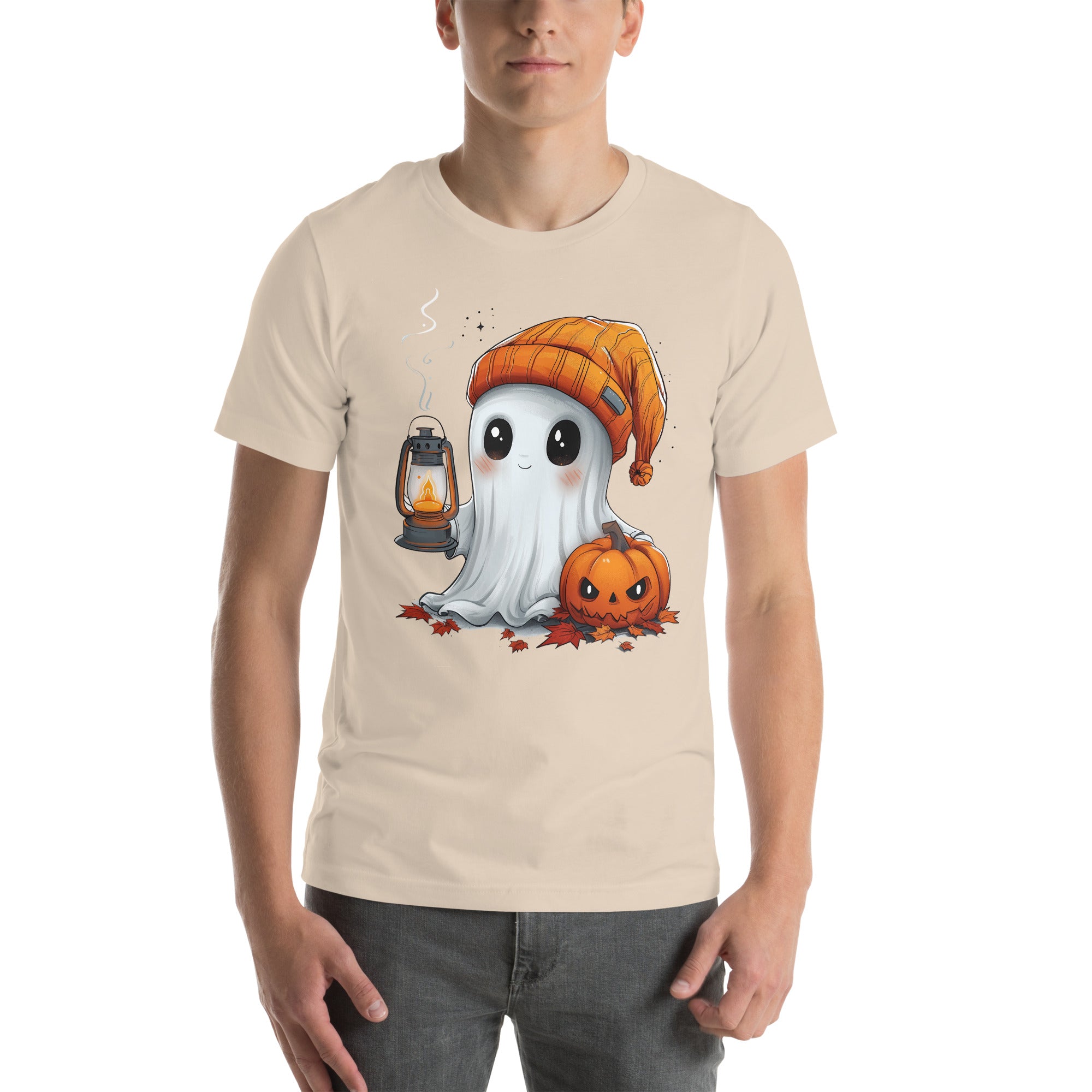 Cute Ghost and Pumpkin holding a lantern Unisex t-shirt