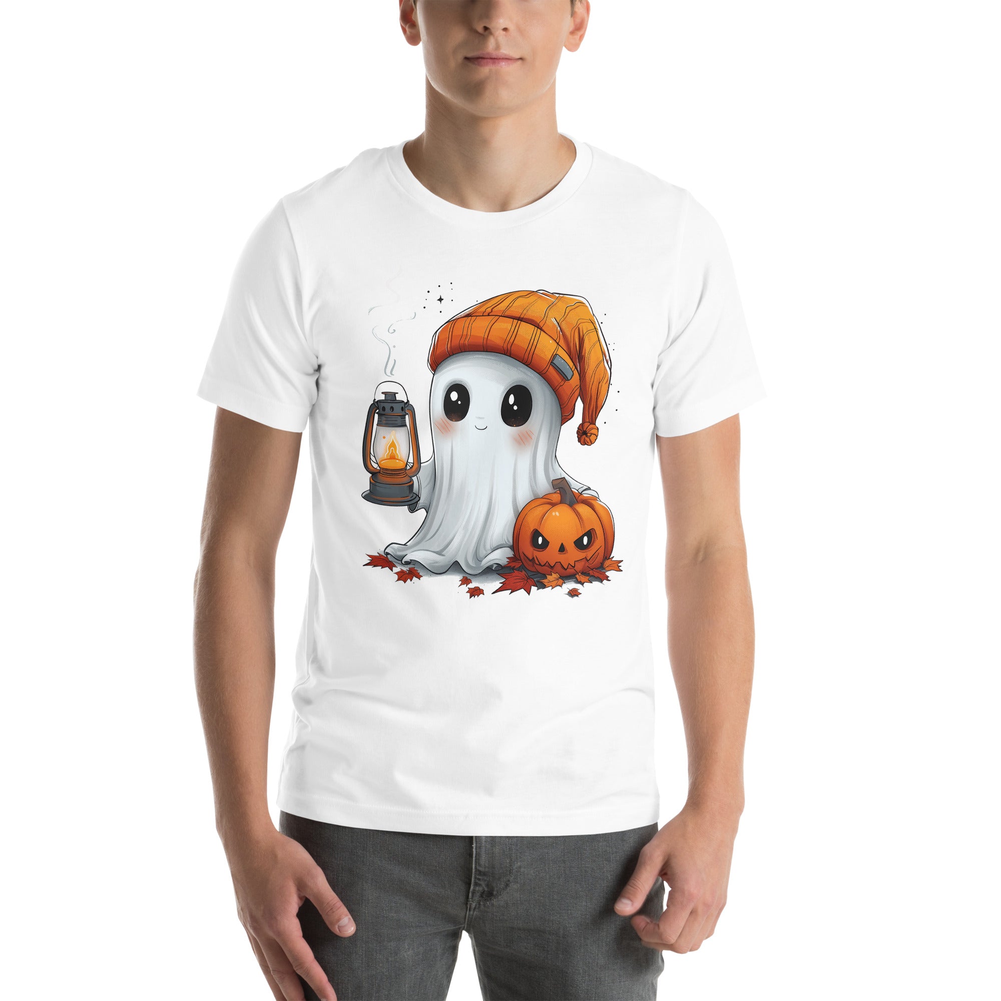 Cute Ghost and Pumpkin holding a lantern Unisex t-shirt