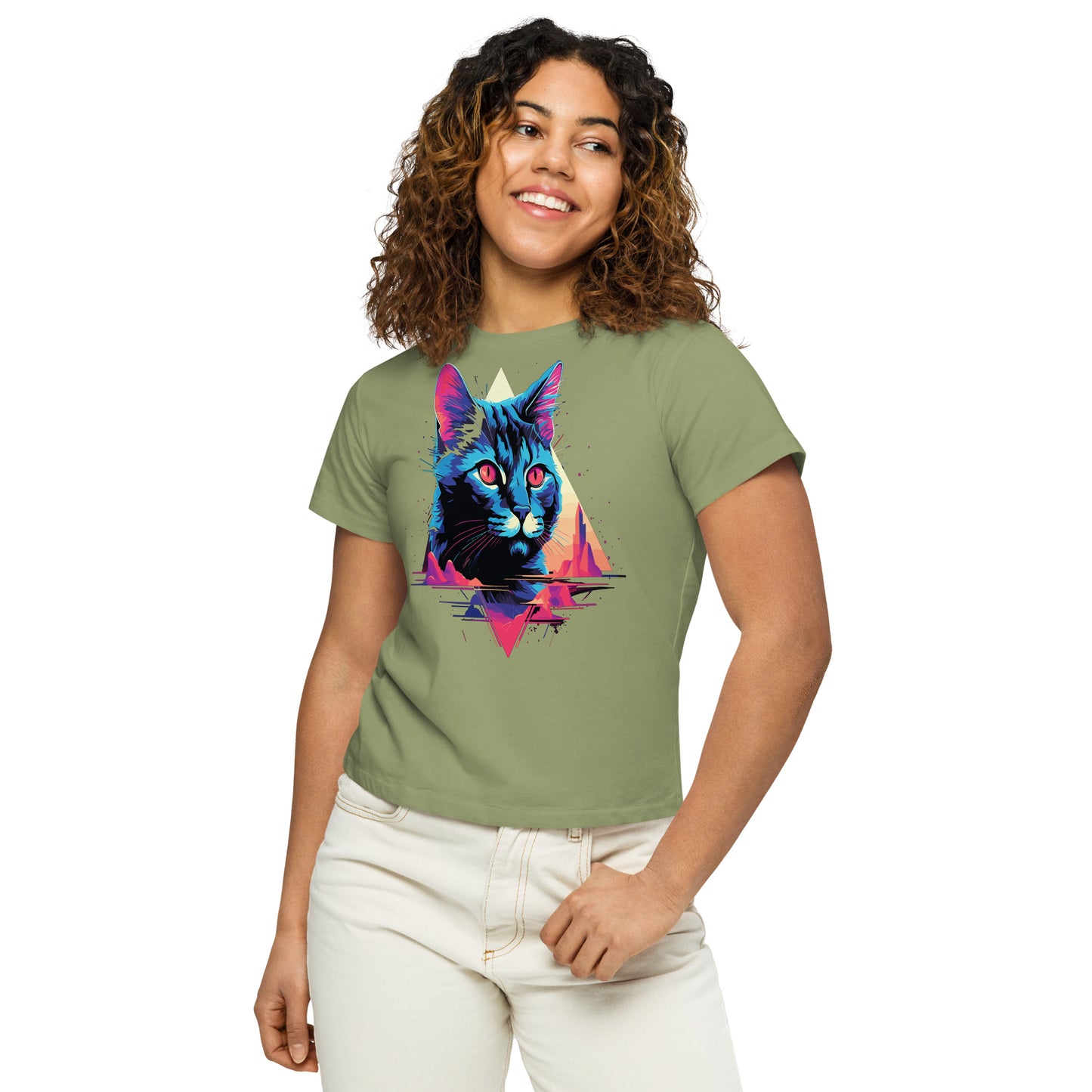 Cat Modern 80's Design Women’s high-waisted t-shirt