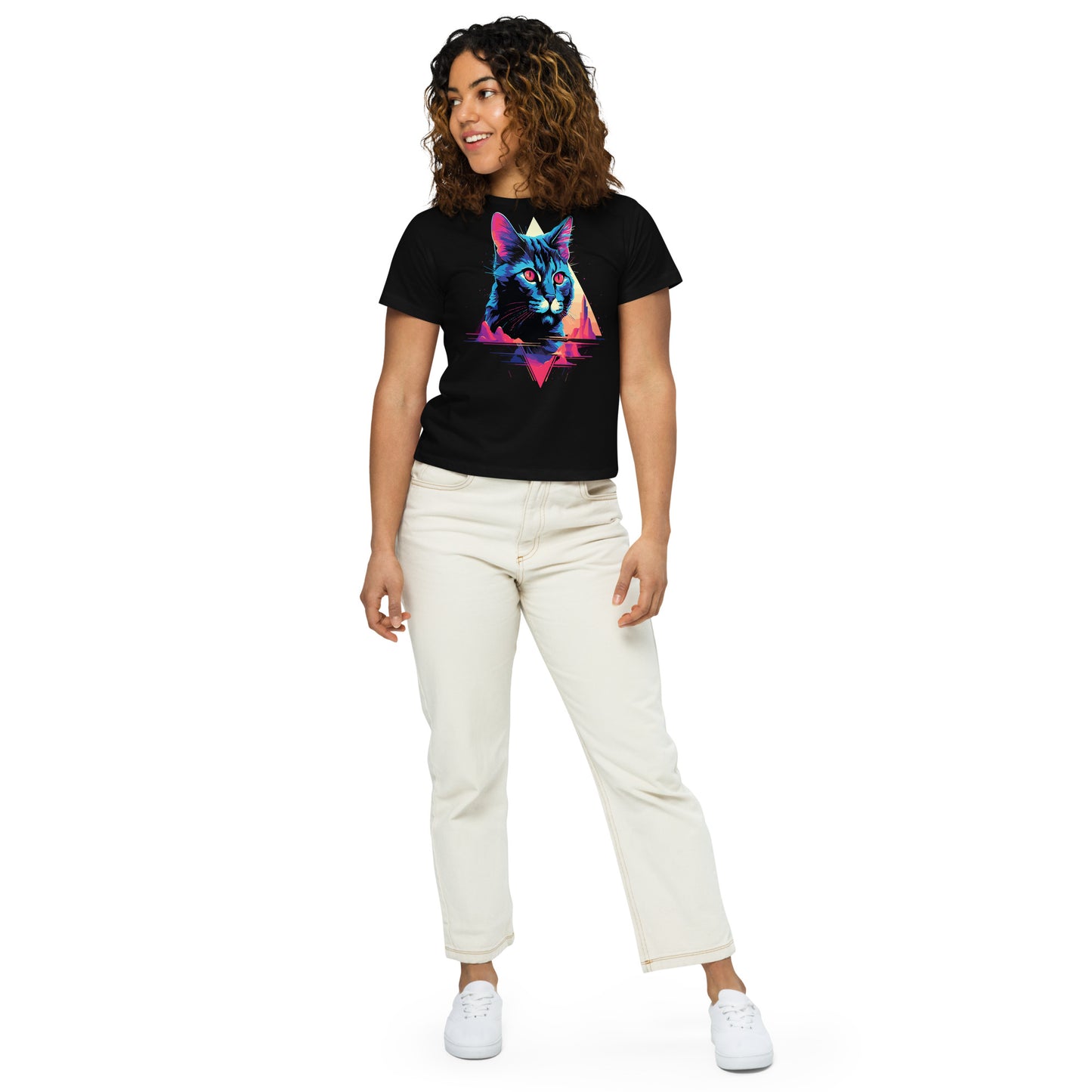 Cat Modern 80's Design Women’s high-waisted t-shirt