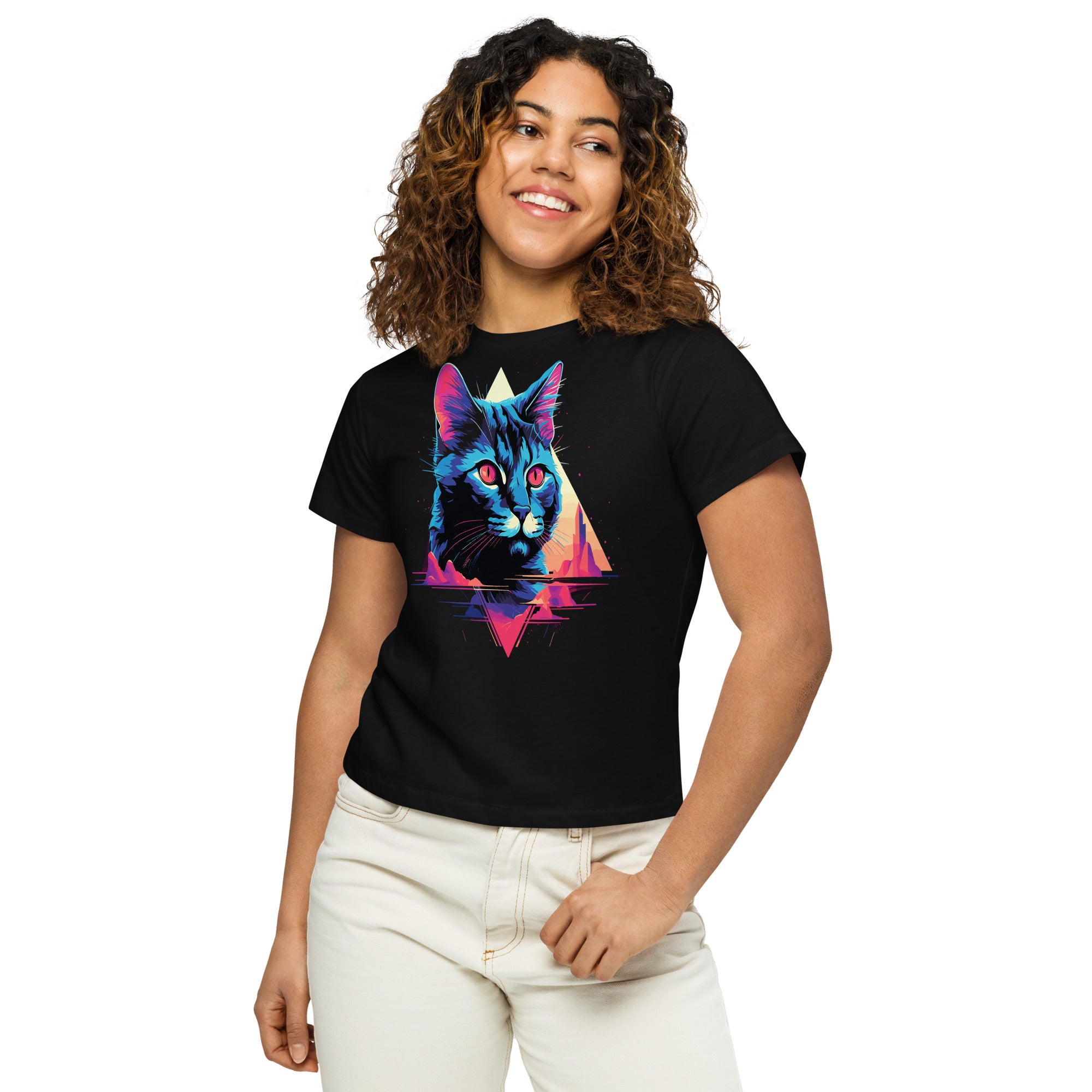 Cat Modern 80's Design Women’s high-waisted t-shirt