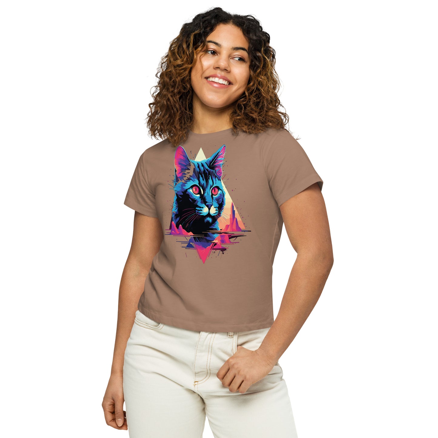 Cat Modern 80's Design Women’s high-waisted t-shirt