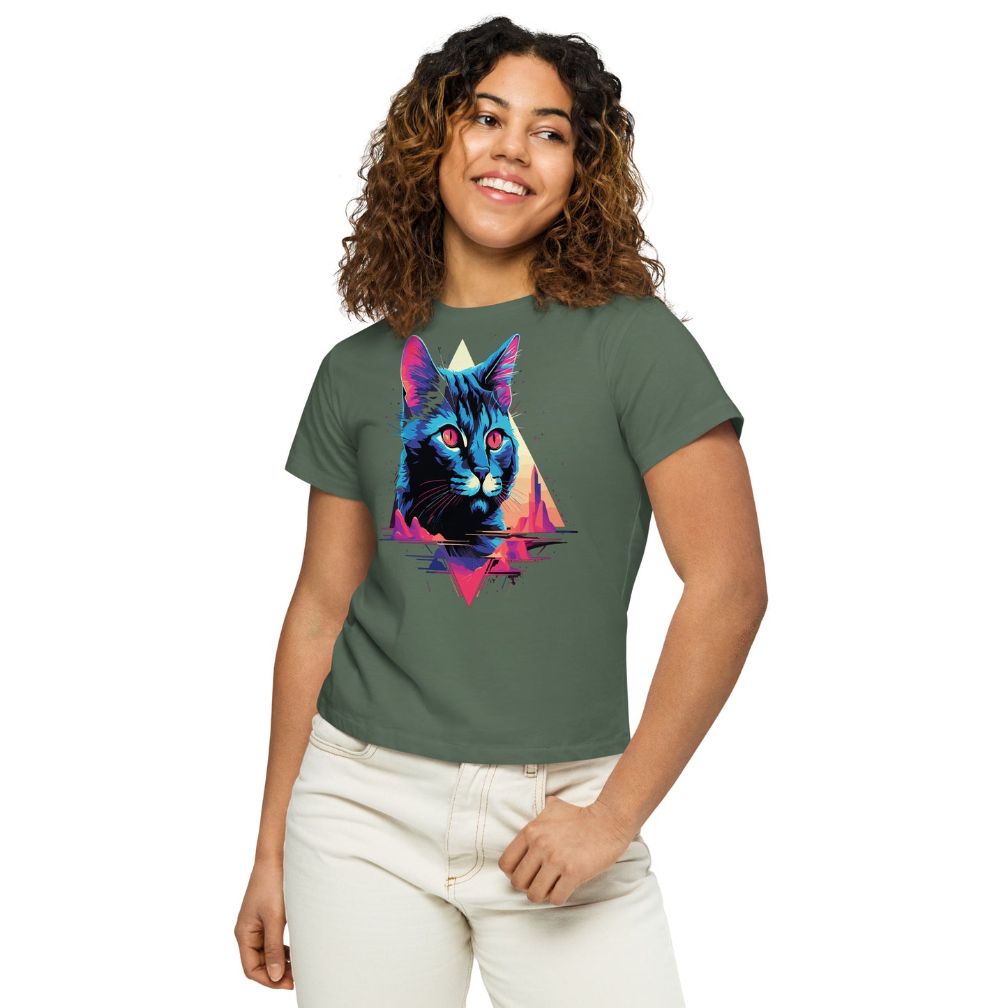 Cat Modern 80's Design Women’s high-waisted t-shirt