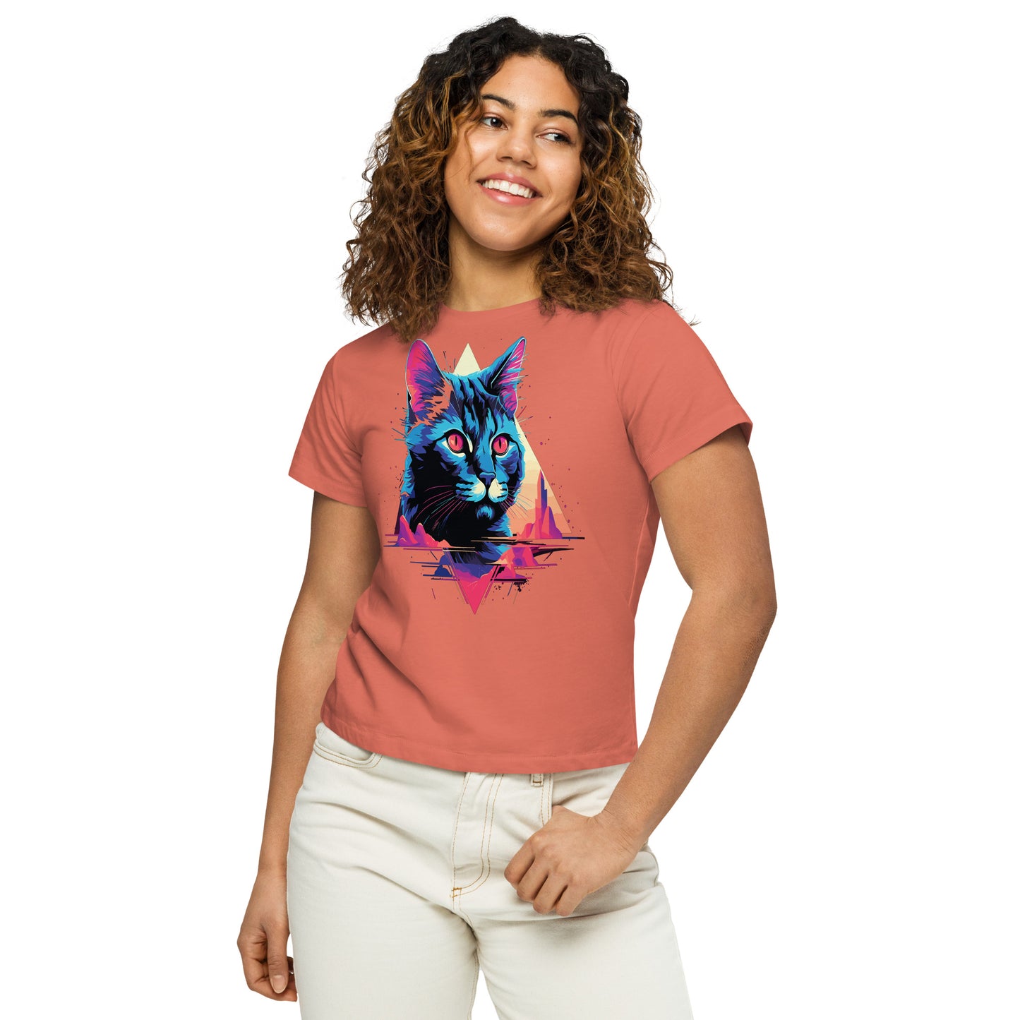 Cat Modern 80's Design Women’s high-waisted t-shirt