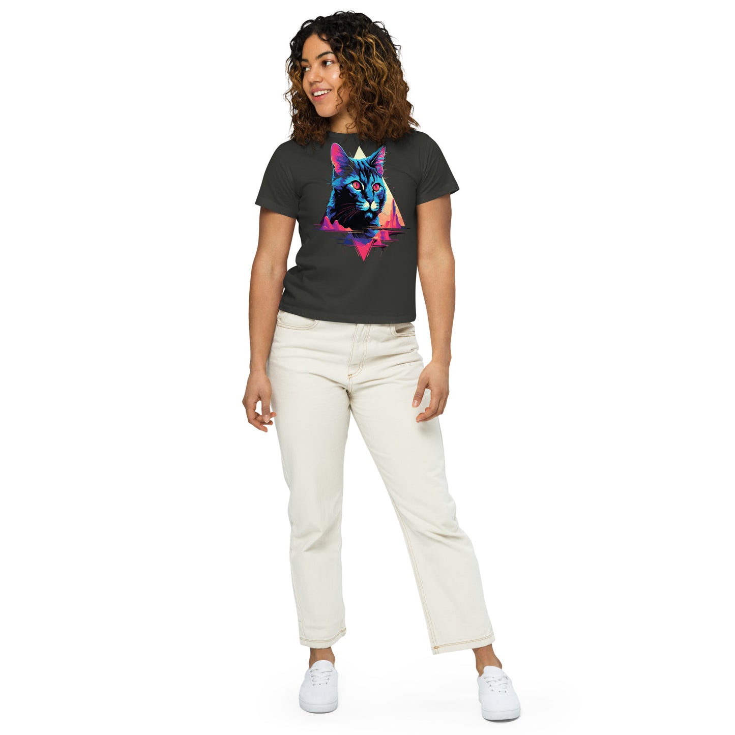 Cat Modern 80's Design Women’s high-waisted t-shirt