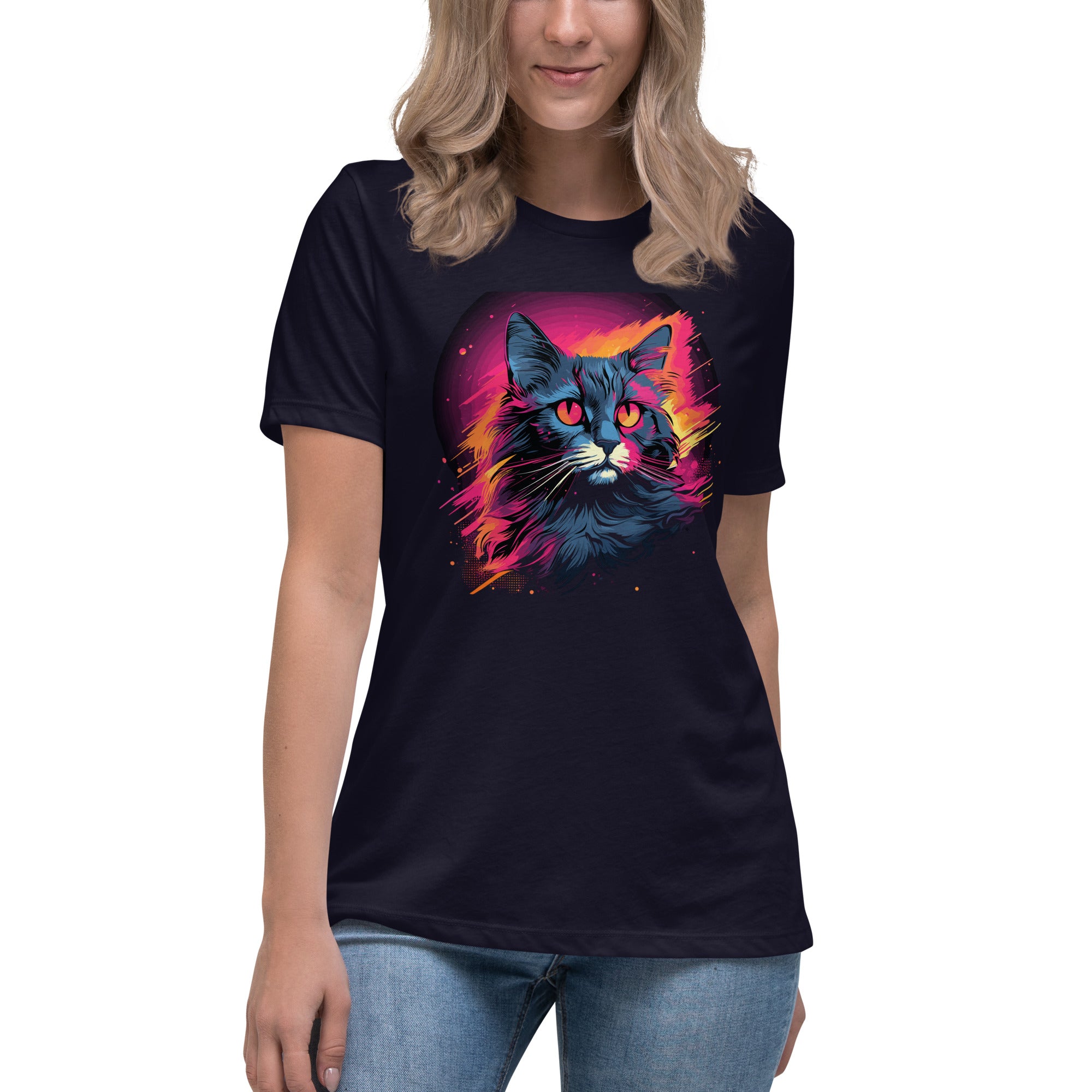 Feline Groove: Rocking the 80's with a Stylish Cat Tee Women's Relaxed T-Shirt